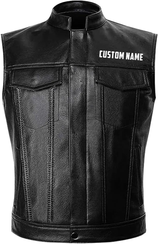 Biker Skull Wearing Motorcycle Helmet And Red Scarf Custom With Name PU Leather Vest Coat Jacket For Men US