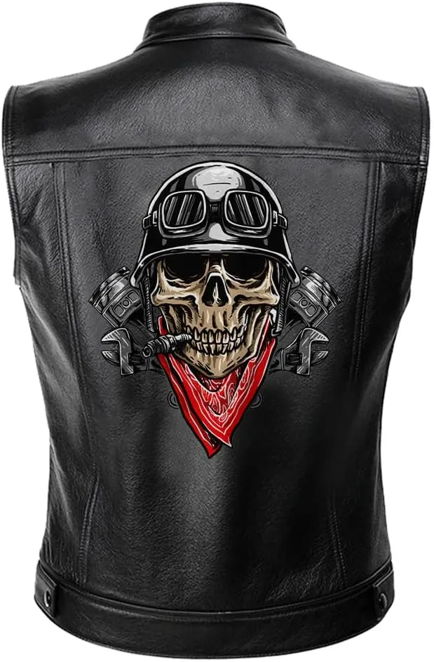Biker Skull Wearing Motorcycle Helmet And Red Scarf Custom With Name PU Leather Vest Coat Jacket For Men US
