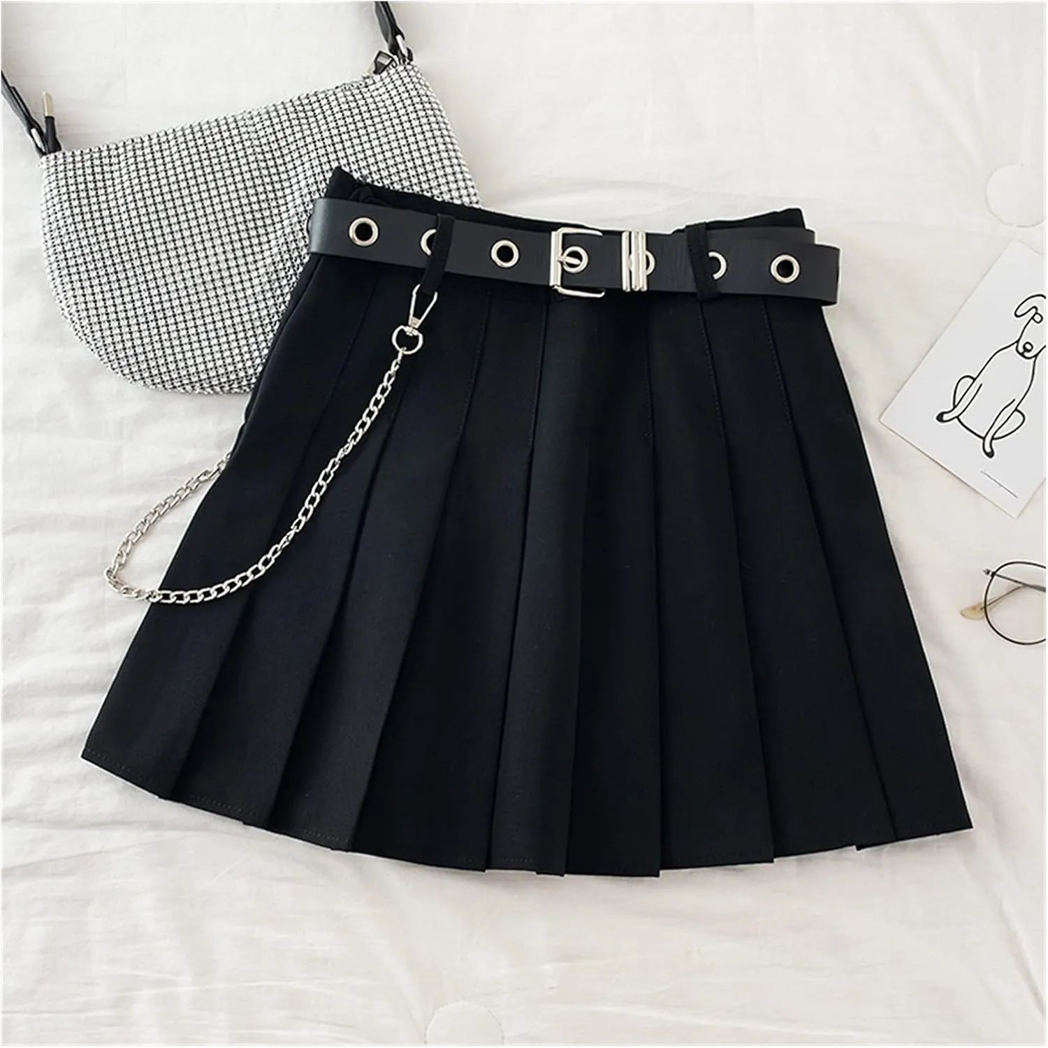 Black Pleated Skirt with Chain-Belt Punk Rock Girl Cheerleading Belted Mini Skirt Women Girl Outfit (Color : Black, Size : Small)
