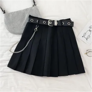 Black Pleated Skirt with Chain-Belt Punk Rock Girl Cheerleading Belted Mini Skirt Women Girl Outfit (Color : Black, Size : Small)