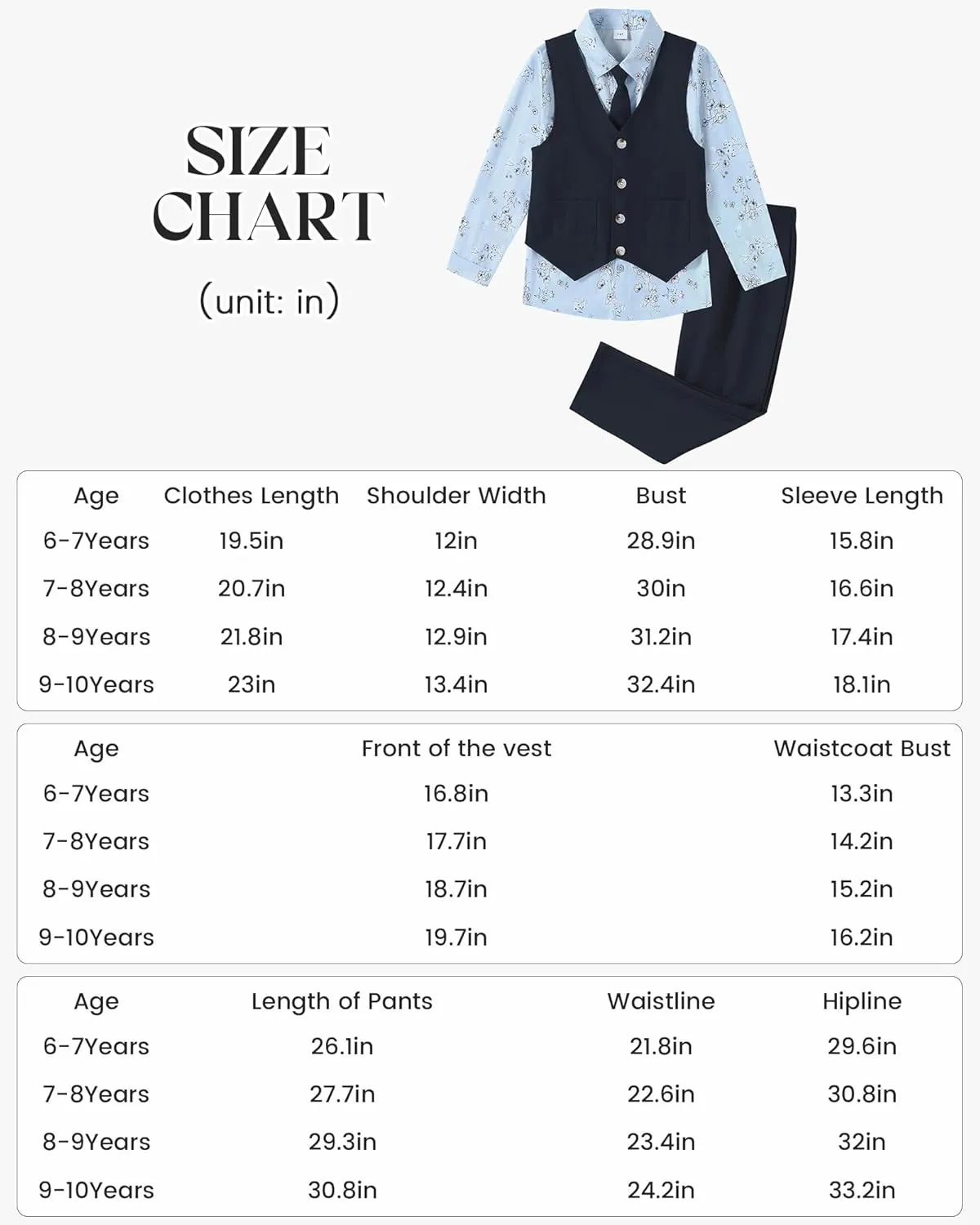 Boys Suit for Formal Occasions 4 Pieces Suit Sets Including Vest Printed Pants Dress Shirt and Tie for 6-10 Years