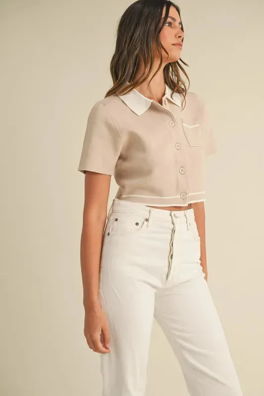 Button Down Contrast Collared Knit Cardigan