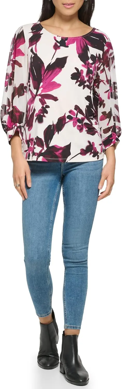 Calvin Klein Women's Crew Neck Matte Jersey Long Chiffon Sleeve Blouse