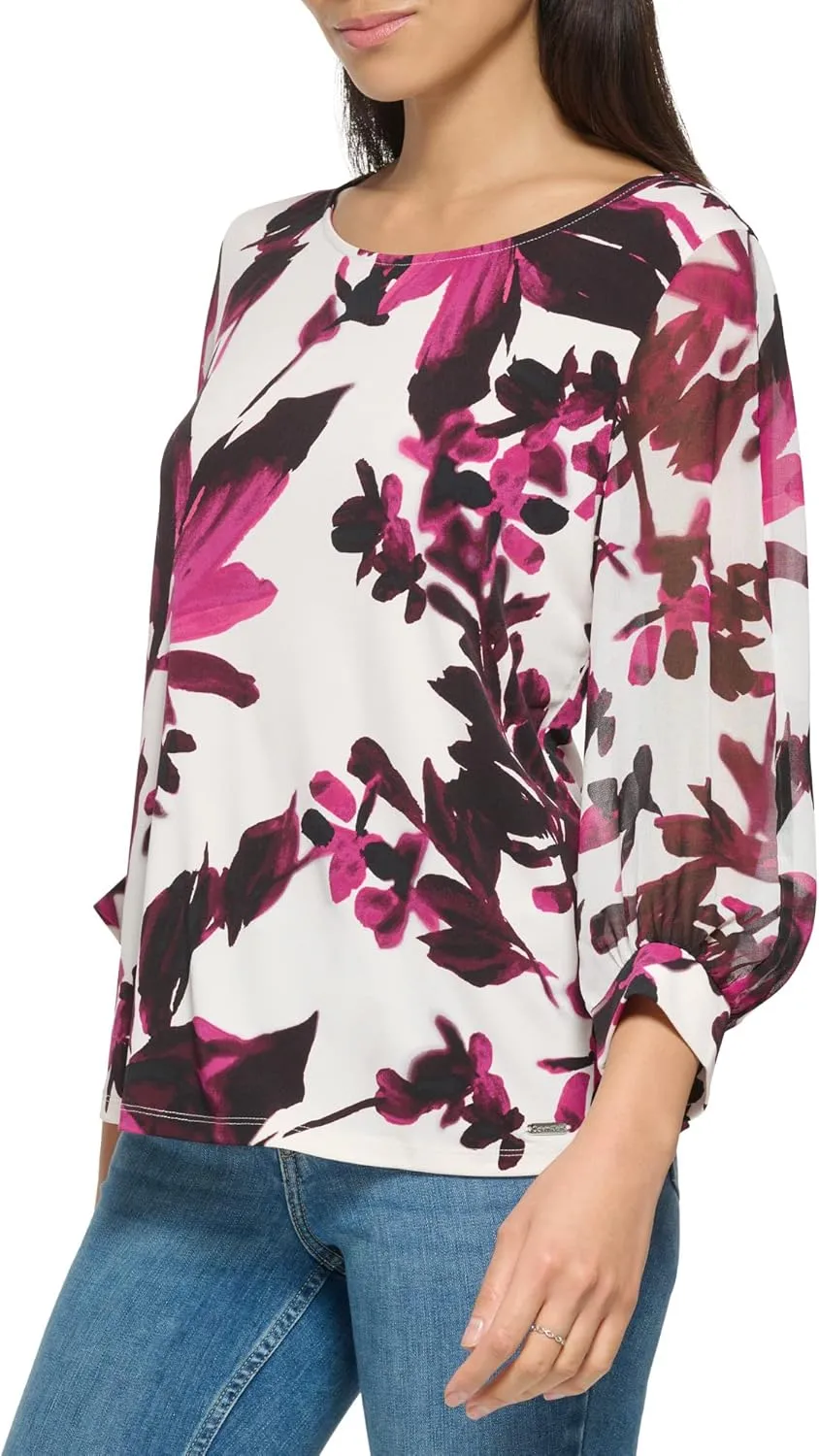 Calvin Klein Women's Crew Neck Matte Jersey Long Chiffon Sleeve Blouse