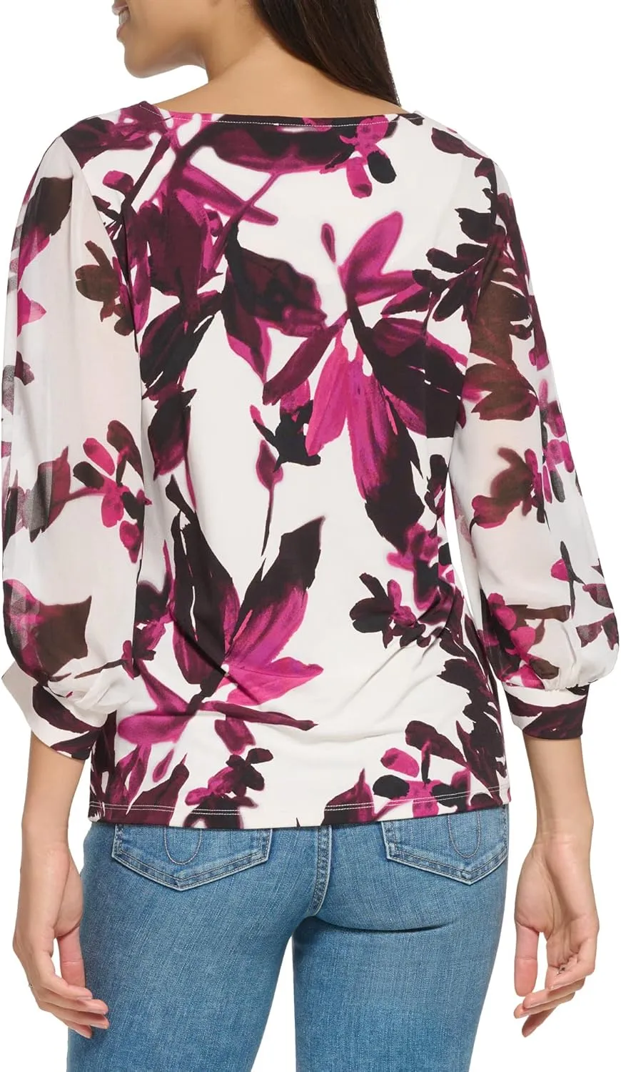 Calvin Klein Women's Crew Neck Matte Jersey Long Chiffon Sleeve Blouse
