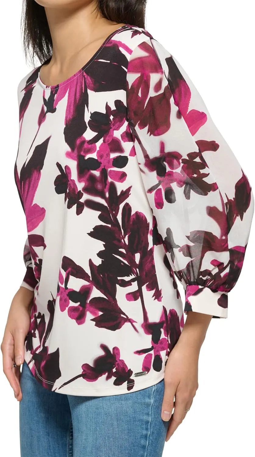 Calvin Klein Women's Crew Neck Matte Jersey Long Chiffon Sleeve Blouse