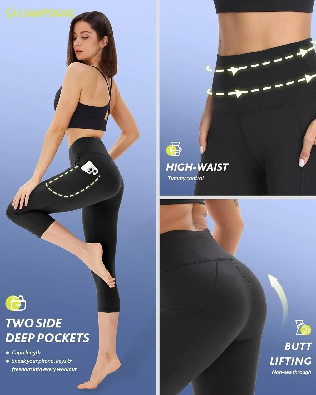 CAMPSNAIL 4 Pack Capri Leggings for Women - High Waisted Capris Tummy Control Yoga Pants with Pockets Workout Cycling Tights