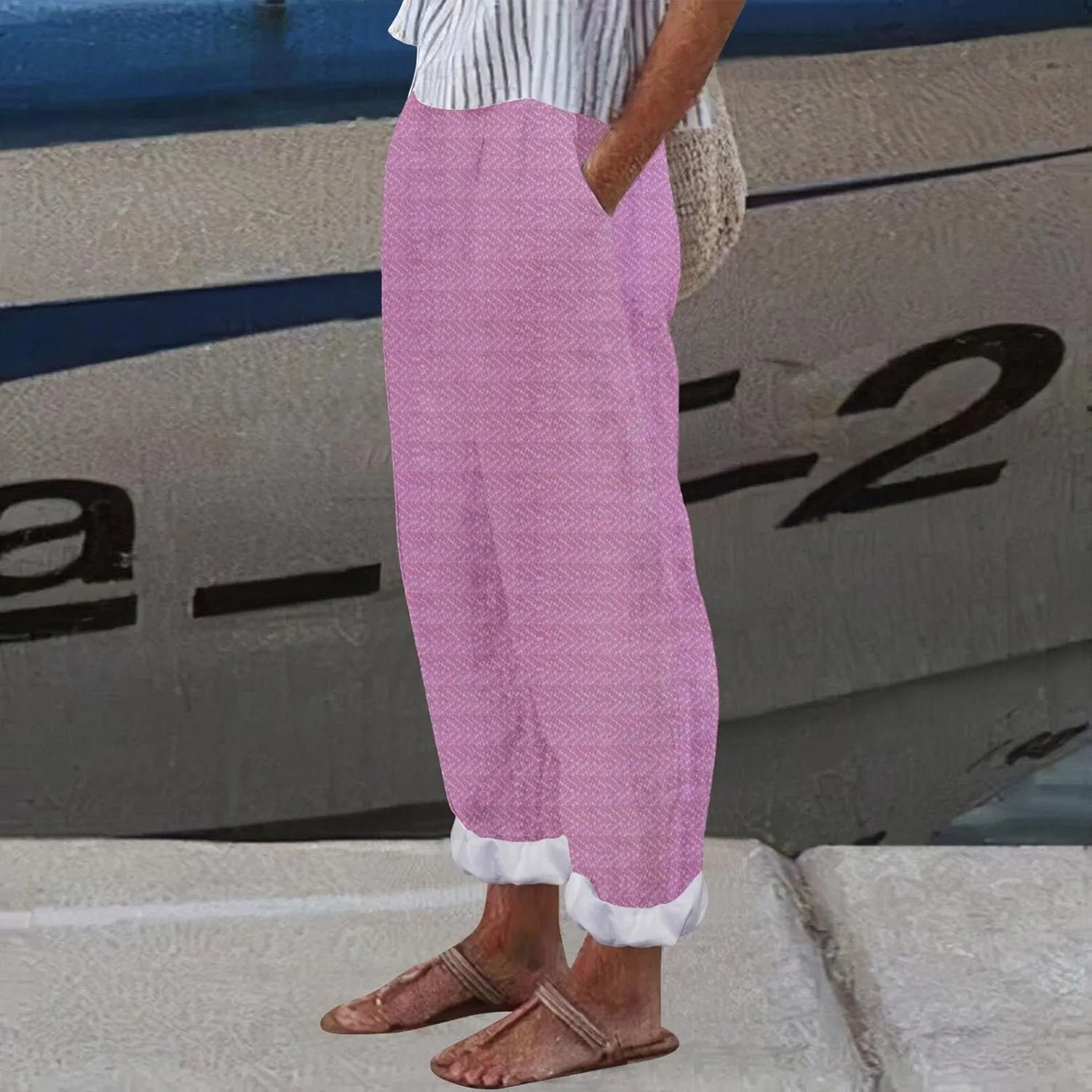 Capri Pants for Women Cotton Linen Elastic High Waisted Straight Leg Lounge Pants Casual Loose Summer Trousers