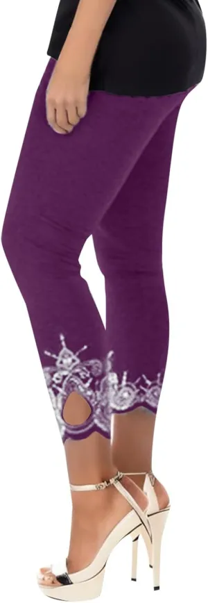Capris Pants for Women High Waisted Yoga Cropped Pants Plus Size Summer Athletic Exercise Workout Lace Leggings Tights