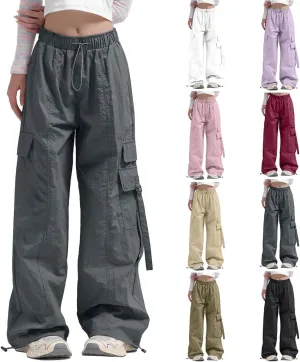 Cargo Pants for Women Summer Wide Leg Pants Elastic High Waist Loose Fit Comfy Casual Trousers with Pockets 2025