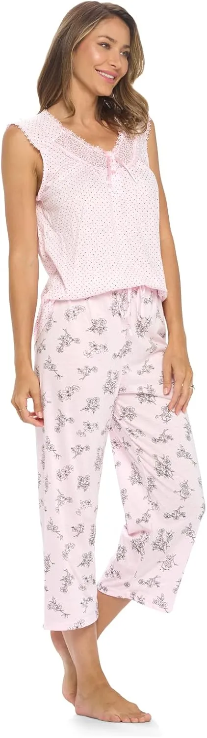 Casual Nights Women's Lace Sleeveless Top and Capri Bottom Sleepwear Pajama Set