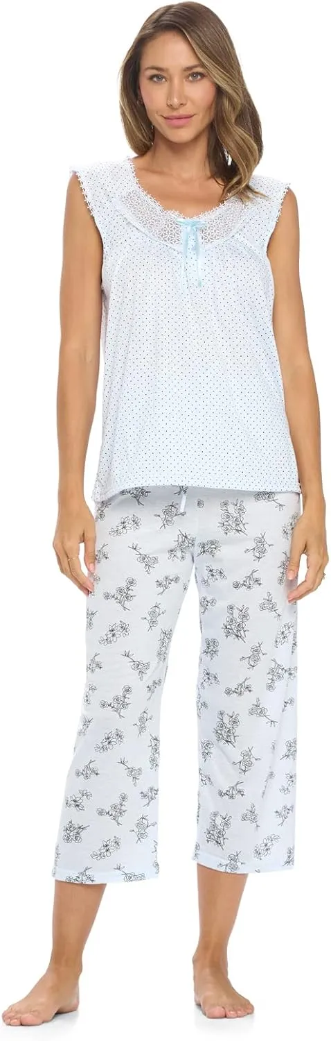Casual Nights Women's Lace Sleeveless Top and Capri Bottom Sleepwear Pajama Set