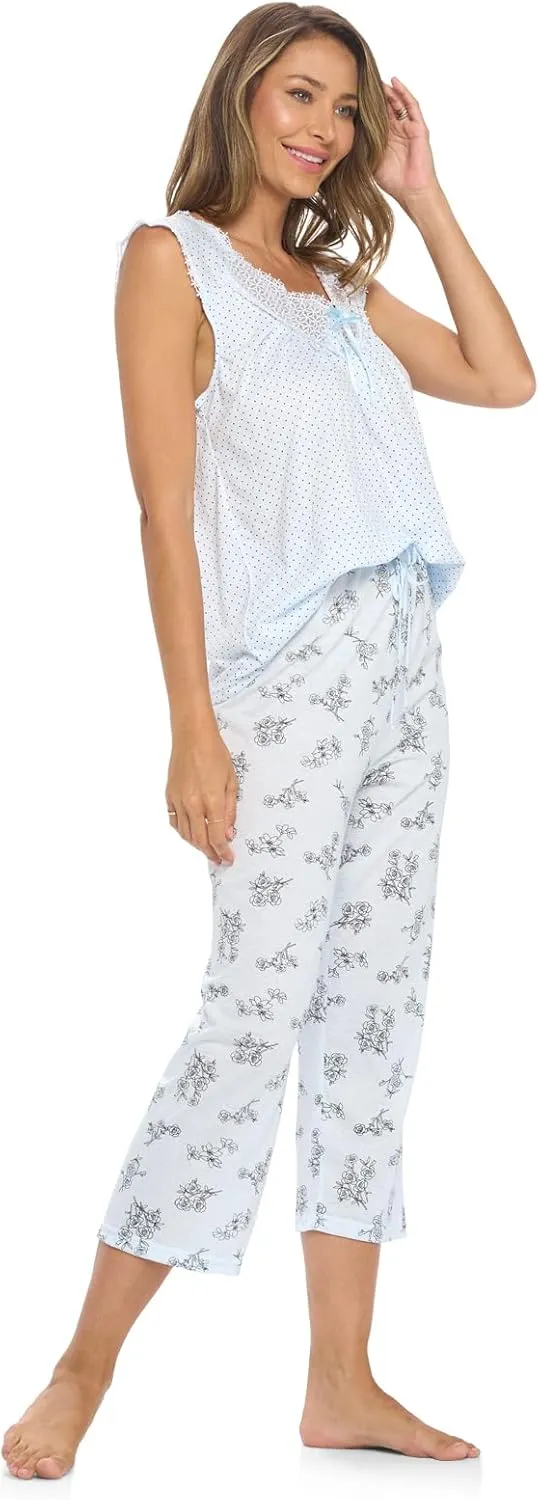 Casual Nights Women's Lace Sleeveless Top and Capri Bottom Sleepwear Pajama Set