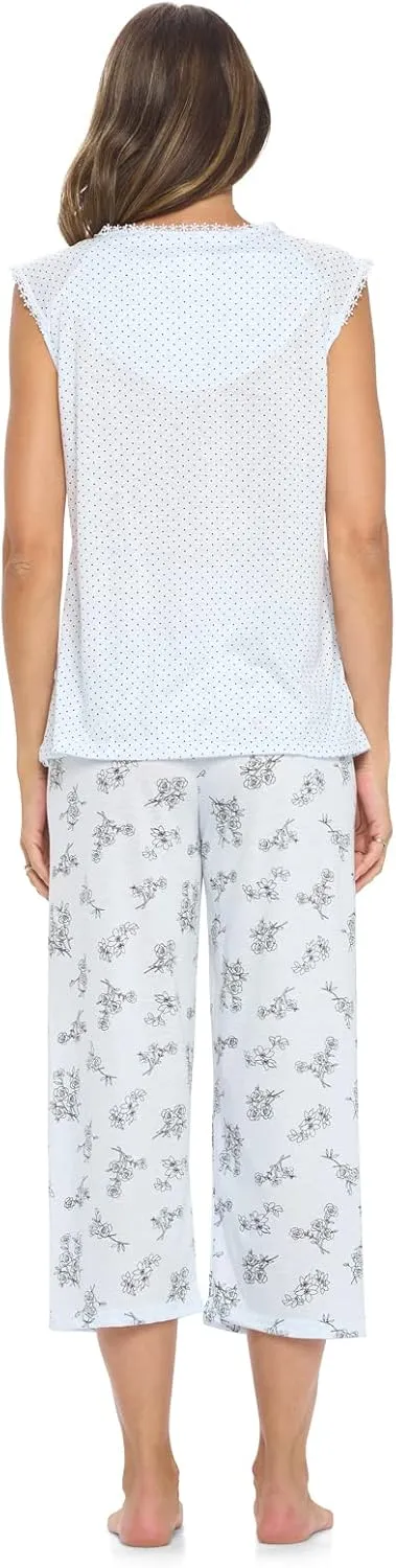 Casual Nights Women's Lace Sleeveless Top and Capri Bottom Sleepwear Pajama Set