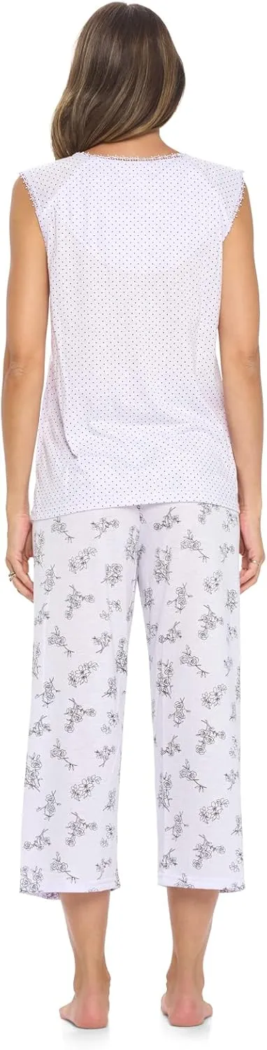 Casual Nights Women's Lace Sleeveless Top and Capri Bottom Sleepwear Pajama Set