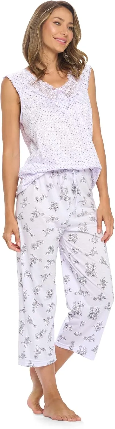 Casual Nights Women's Lace Sleeveless Top and Capri Bottom Sleepwear Pajama Set