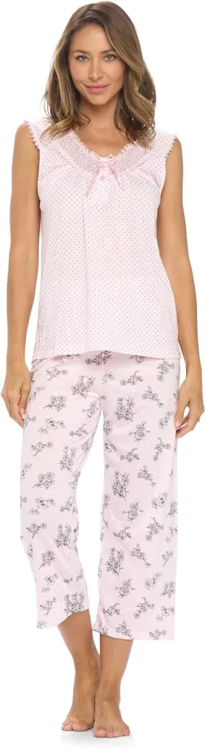 Casual Nights Women's Lace Sleeveless Top and Capri Bottom Sleepwear Pajama Set