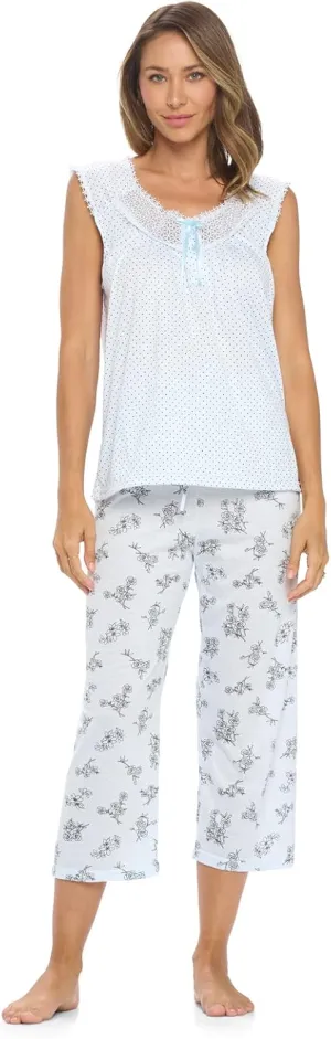 Casual Nights Women's Lace Sleeveless Top and Capri Bottom Sleepwear Pajama Set