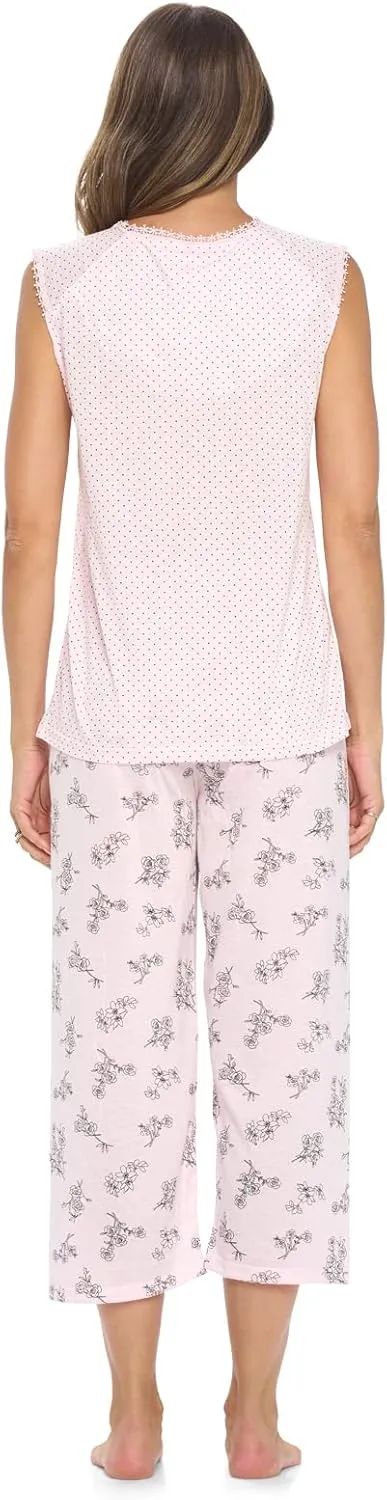 Casual Nights Women's Lace Sleeveless Top and Capri Bottom Sleepwear Pajama Set