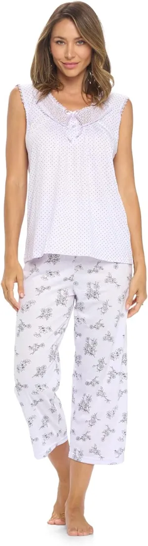 Casual Nights Women's Lace Sleeveless Top and Capri Bottom Sleepwear Pajama Set
