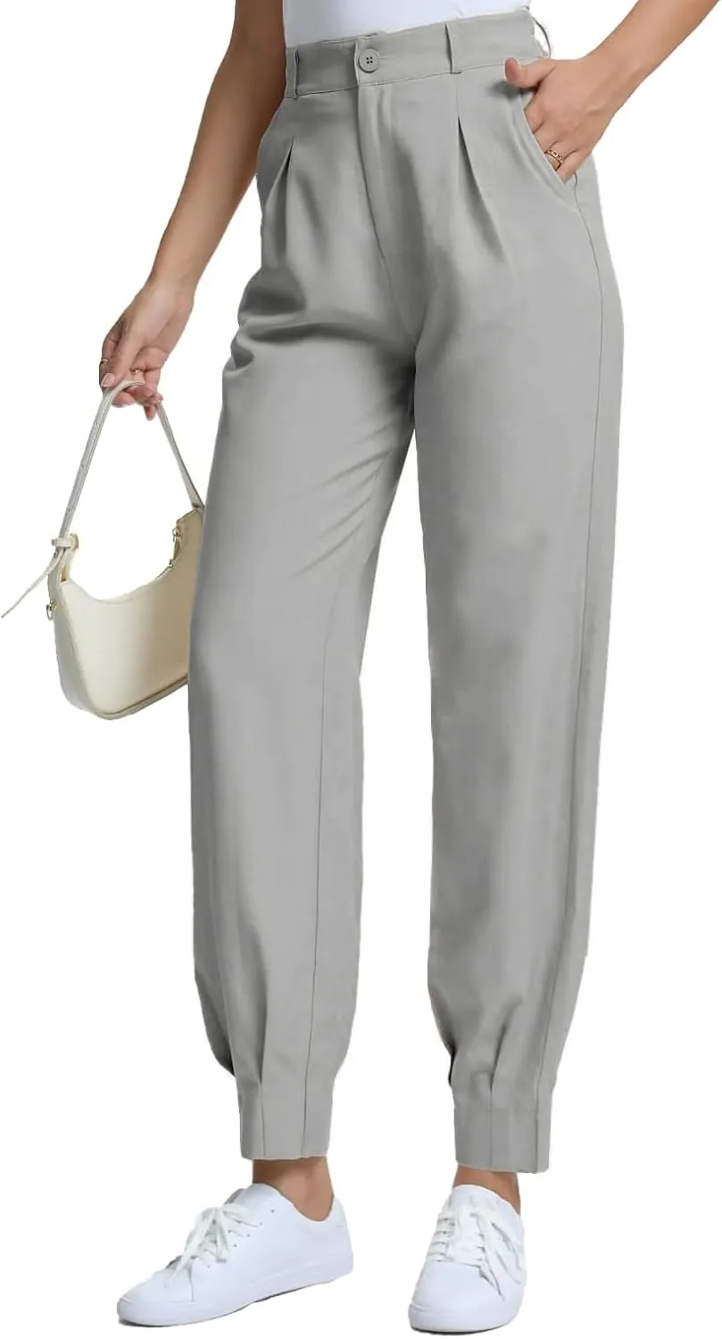 Casual Work Pants Women High Waisted with Pockets Ankle Length Business Traped Slacks Pants Trousers