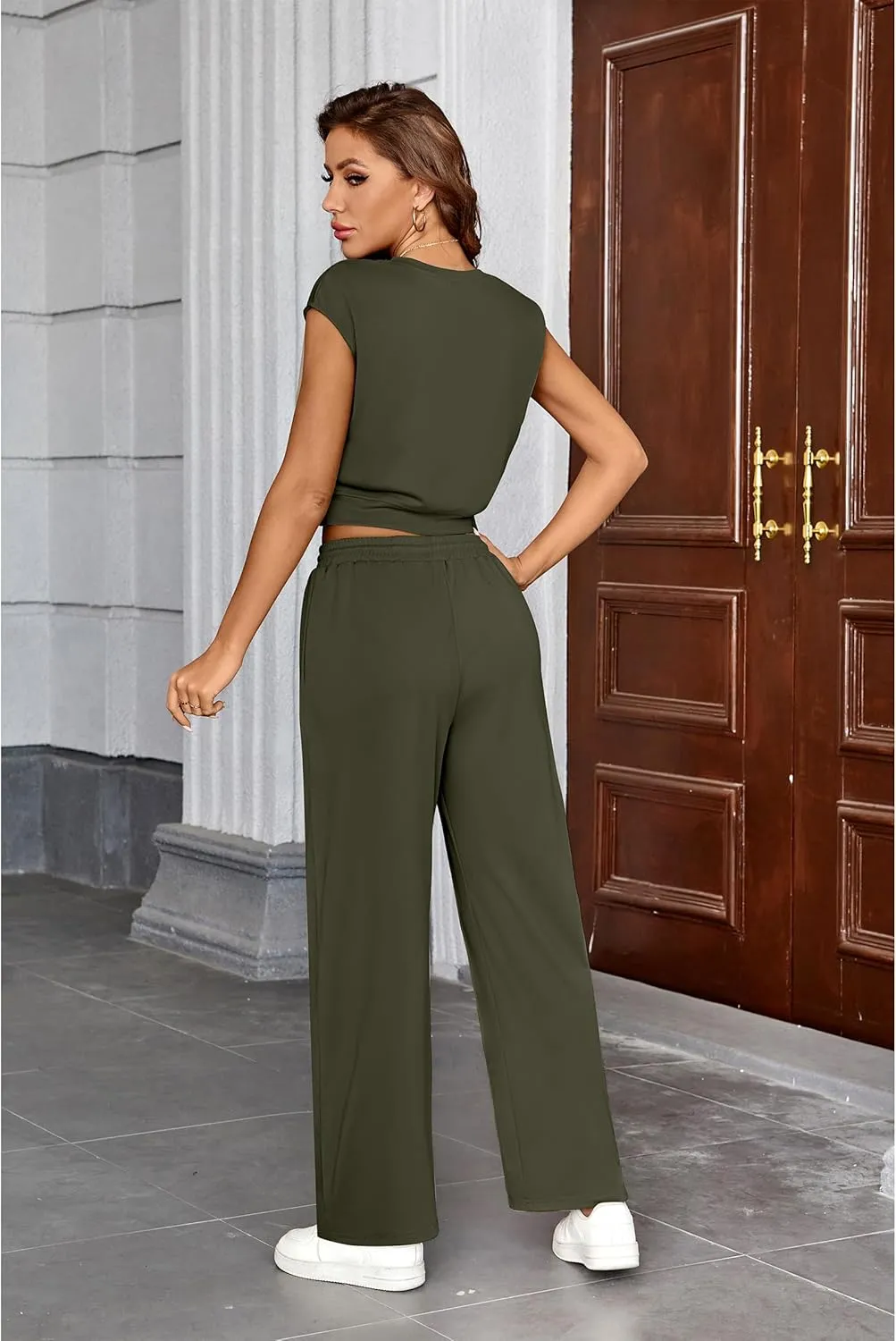 CCTOO Womens 2 Piece Outfits Lounge Sets 2025 Summer Casual Sweatsuit Knit Twist Front Crop Tops Wide Leg Pants Tracksuits