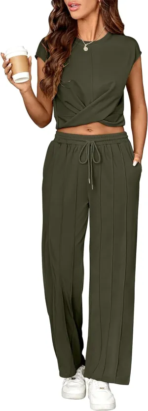 CCTOO Womens 2 Piece Outfits Lounge Sets 2025 Summer Casual Sweatsuit Knit Twist Front Crop Tops Wide Leg Pants Tracksuits