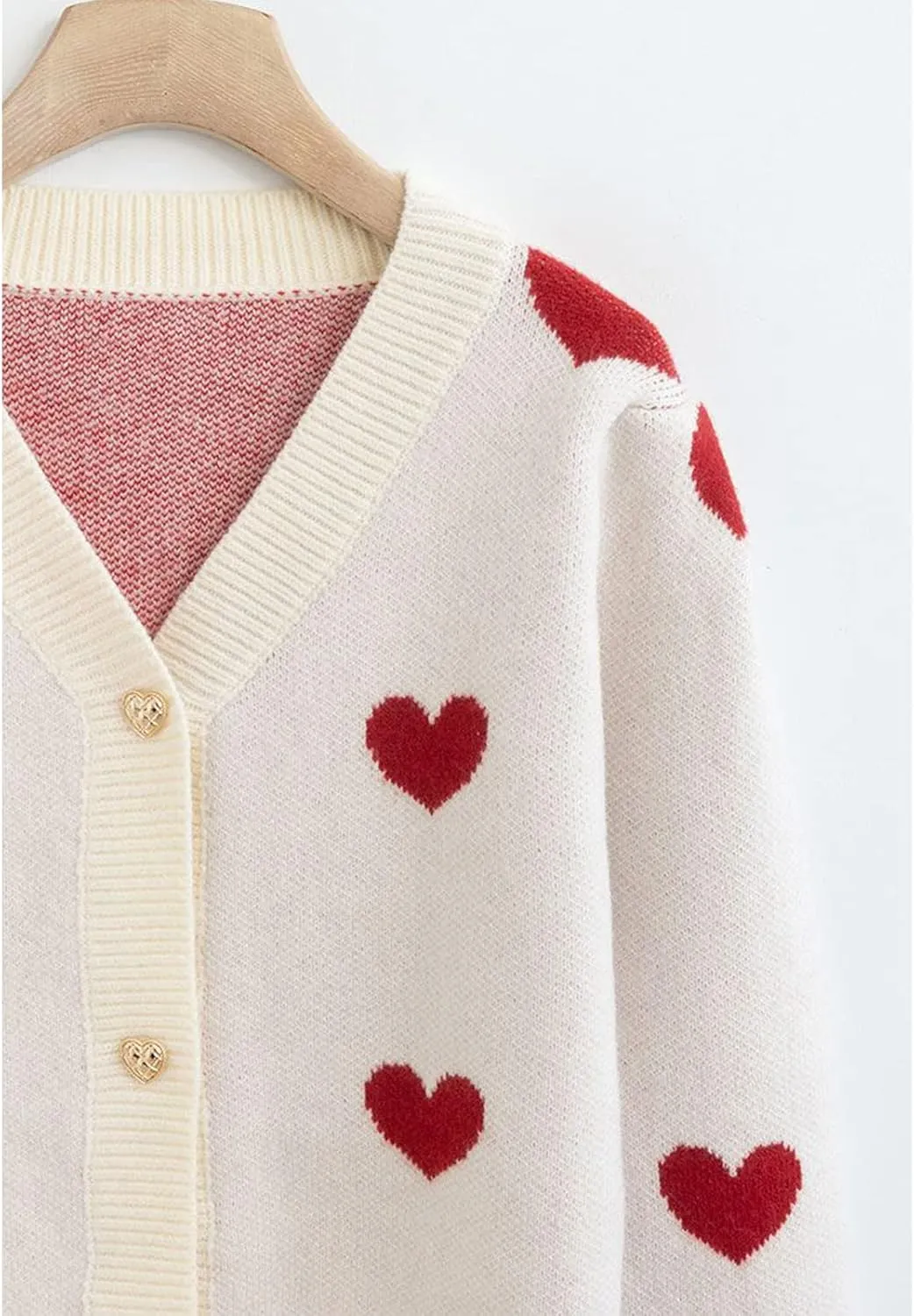 CHICWISH Women's Red/Ivory Soft Heart Cropped Knit Cardigan