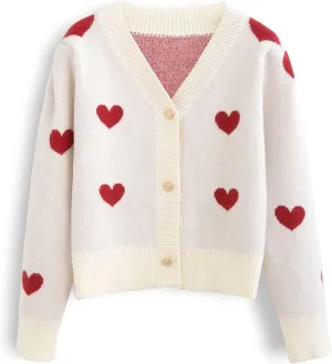 CHICWISH Women's Red/Ivory Soft Heart Cropped Knit Cardigan