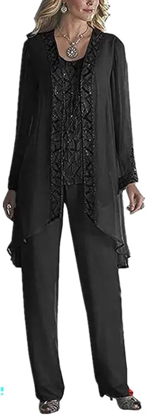 Chiffon Wedding Pant Suits 3 Pieces Formal Mother of The Bride Pant Suits for Women