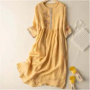 Chinese Art Buckle Cheongsam Skirt Stand Collar Knee Length Dress Retro Printed Cotton Linen Clothing for Women