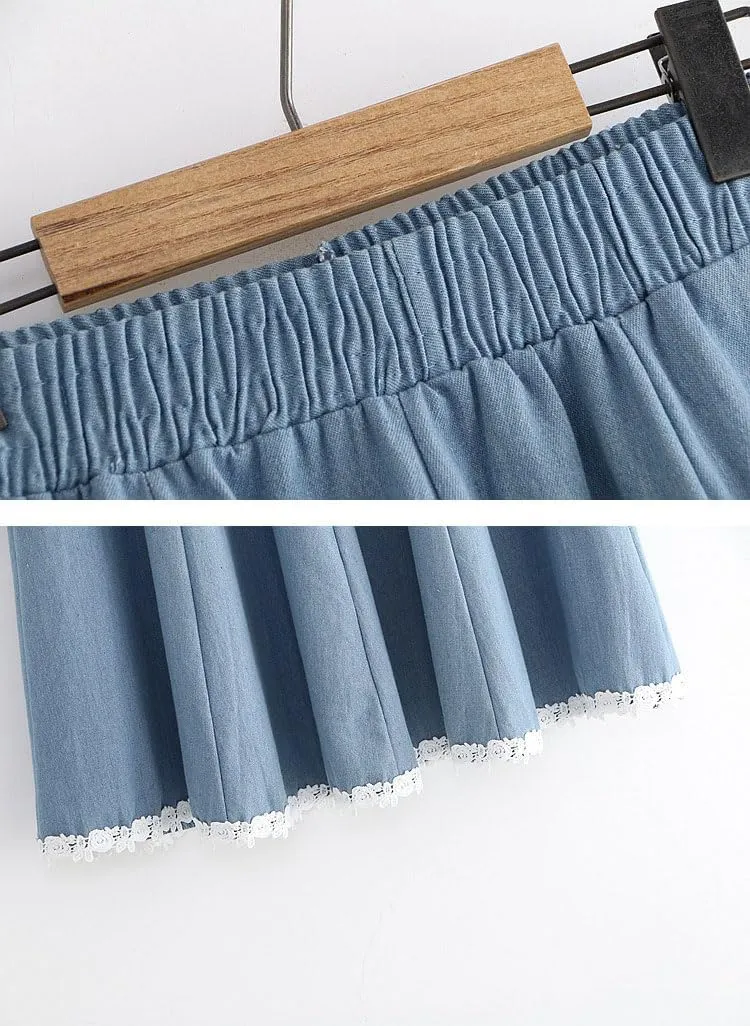 chouyatou Women's Casual Elastic Waist Denim A-Line Skirt Color Block Lace Hem Pleated Swing Jean Midi Skirt
