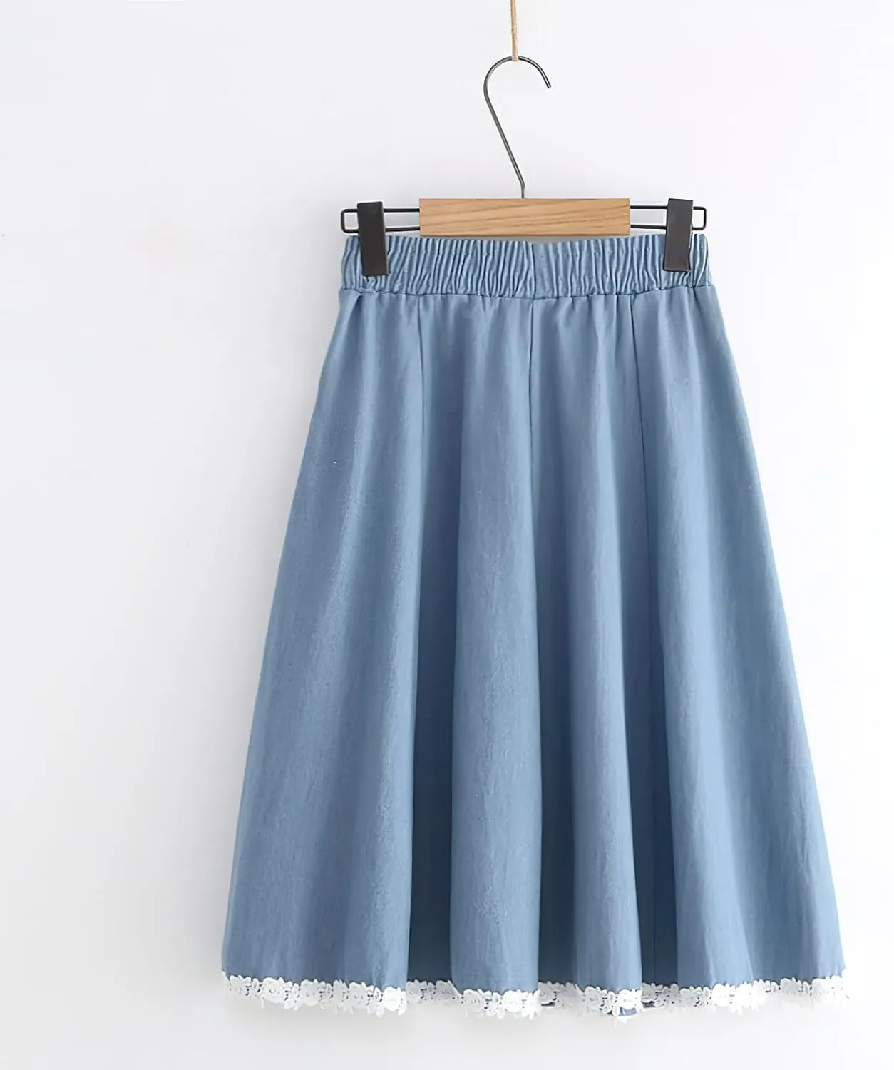 chouyatou Women's Casual Elastic Waist Denim A-Line Skirt Color Block Lace Hem Pleated Swing Jean Midi Skirt