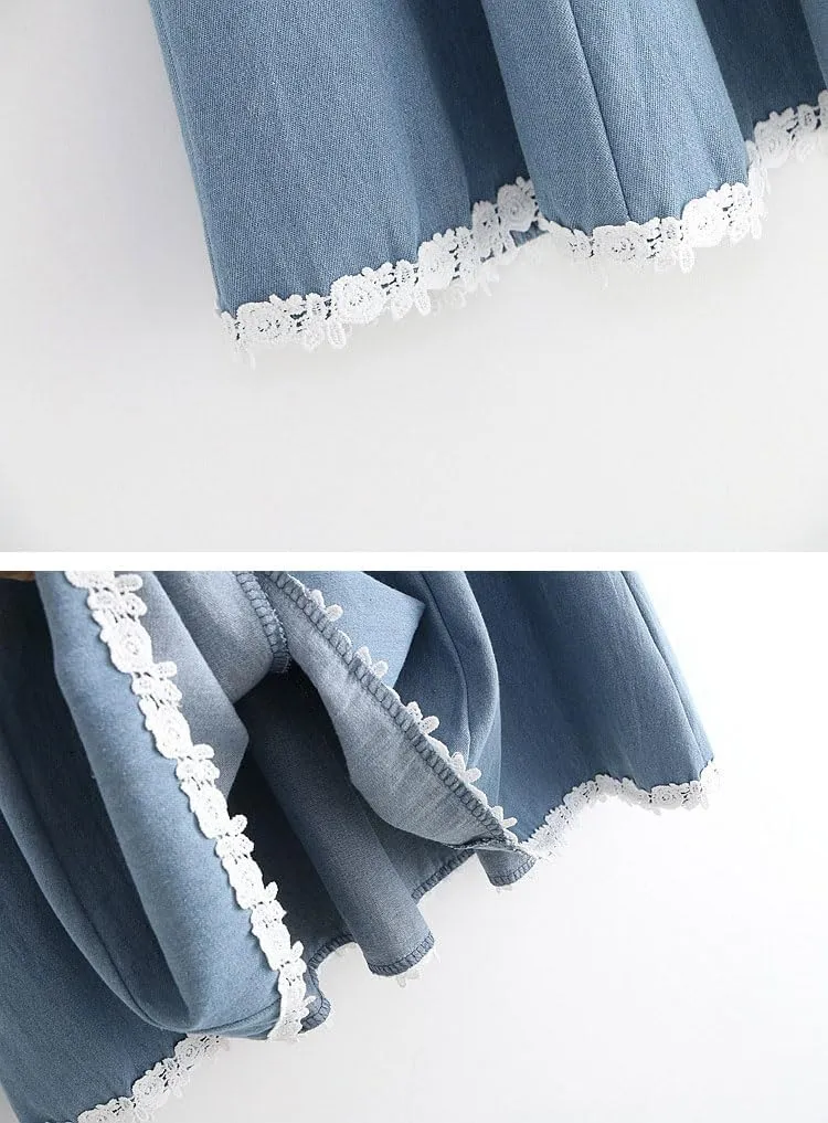 chouyatou Women's Casual Elastic Waist Denim A-Line Skirt Color Block Lace Hem Pleated Swing Jean Midi Skirt