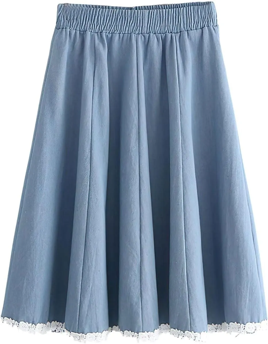 chouyatou Women's Casual Elastic Waist Denim A-Line Skirt Color Block Lace Hem Pleated Swing Jean Midi Skirt