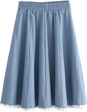 chouyatou Women's Casual Elastic Waist Denim A-Line Skirt Color Block Lace Hem Pleated Swing Jean Midi Skirt