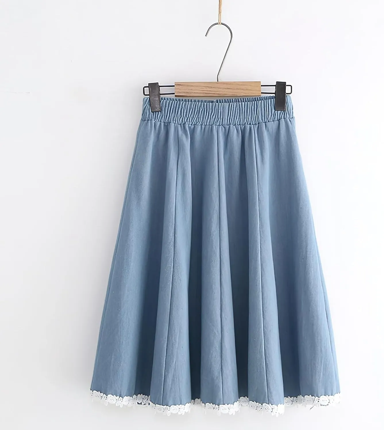 chouyatou Women's Casual Elastic Waist Denim A-Line Skirt Color Block Lace Hem Pleated Swing Jean Midi Skirt