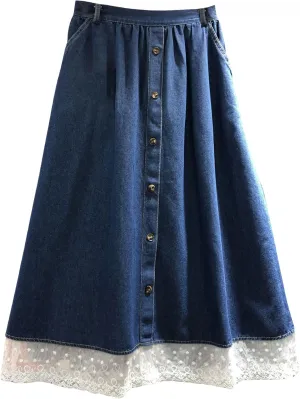 chouyatou Women's Casual Elastic Waist Denim Skirt Lace Ruffle Hem Pleated Midi Long Jean Skirt with Pockets