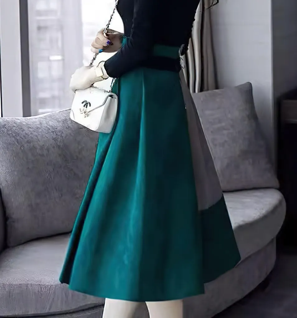 chouyatou Women's Color Block Faux Suede Leather A-Line Midi Long Skirt Sexy High Waisted Skater Skirt