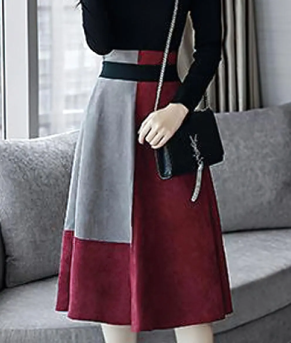 chouyatou Women's Color Block Faux Suede Leather A-Line Midi Long Skirt Sexy High Waisted Skater Skirt