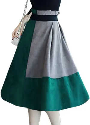 chouyatou Women's Color Block Faux Suede Leather A-Line Midi Long Skirt Sexy High Waisted Skater Skirt