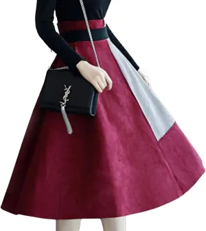 chouyatou Women's Color Block Faux Suede Leather A-Line Midi Long Skirt Sexy High Waisted Skater Skirt