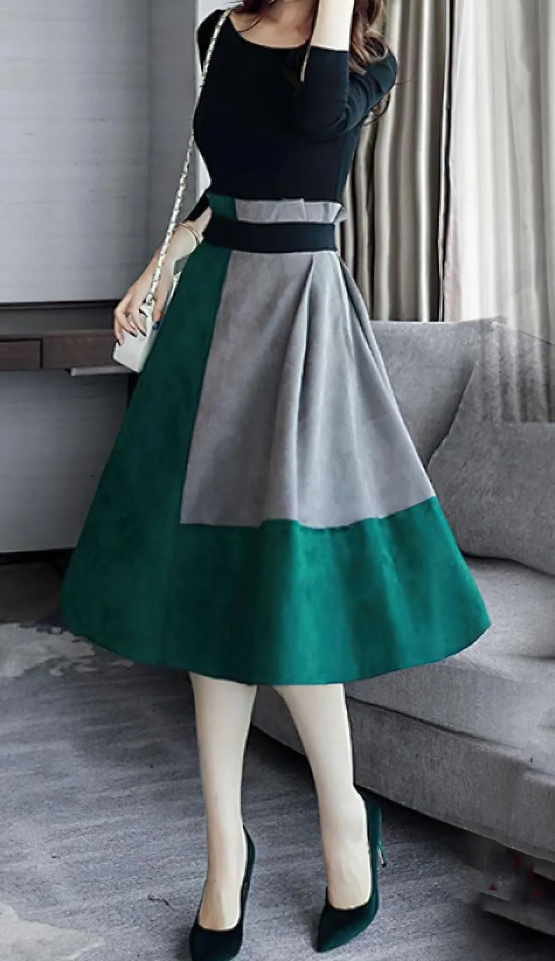 chouyatou Women's Color Block Faux Suede Leather A-Line Midi Long Skirt Sexy High Waisted Skater Skirt