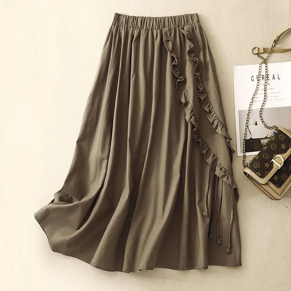 chouyatou Women's Elastic Waist Ruffle Skirt Retro Fringe Cotton Linen Pleated Midi Long Skirt with Pockets
