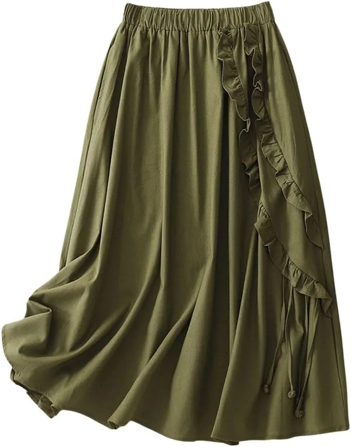 chouyatou Women's Elastic Waist Ruffle Skirt Retro Fringe Cotton Linen Pleated Midi Long Skirt with Pockets