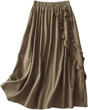 chouyatou Women's Elastic Waist Ruffle Skirt Retro Fringe Cotton Linen Pleated Midi Long Skirt with Pockets