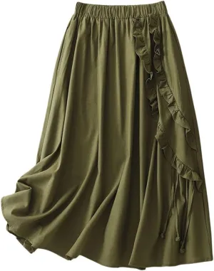 chouyatou Women's Elastic Waist Ruffle Skirt Retro Fringe Cotton Linen Pleated Midi Long Skirt with Pockets