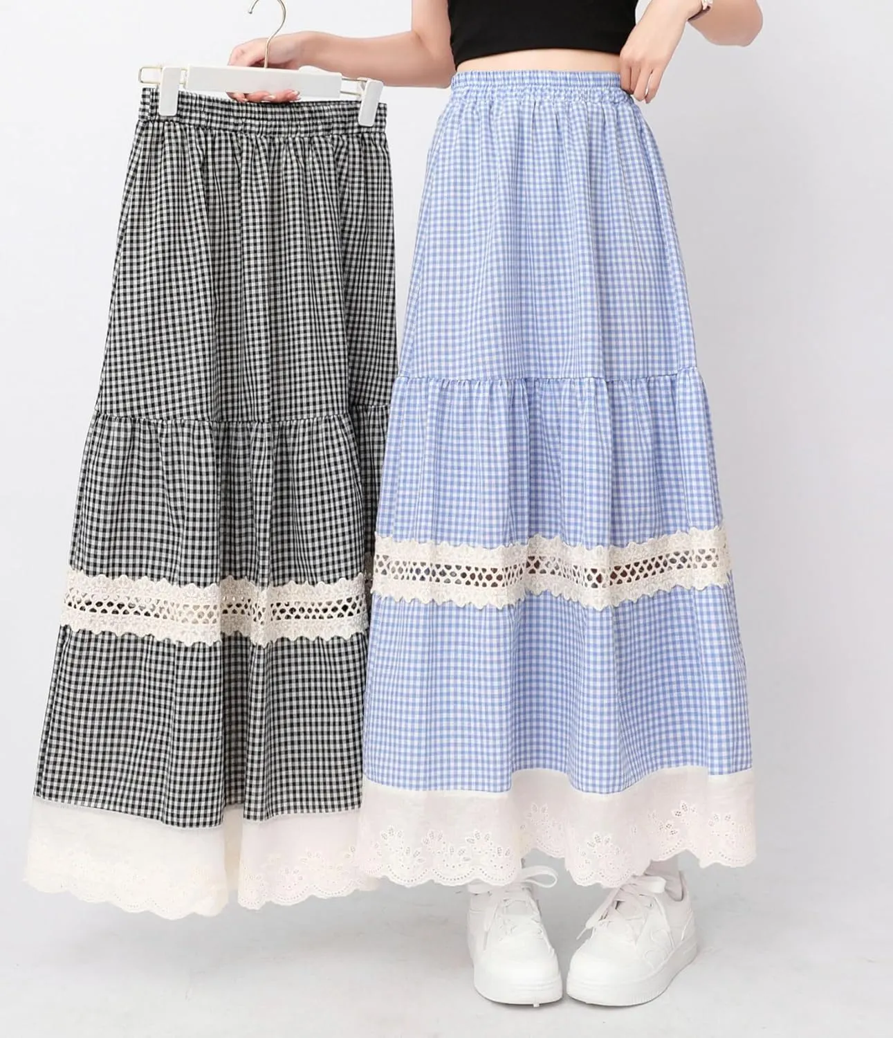 chouyatou Women's Hollow Out Eyelet Plaid Skirt Elastic Waist Ruffle Hem Gingham Swing Midi Long Skirt