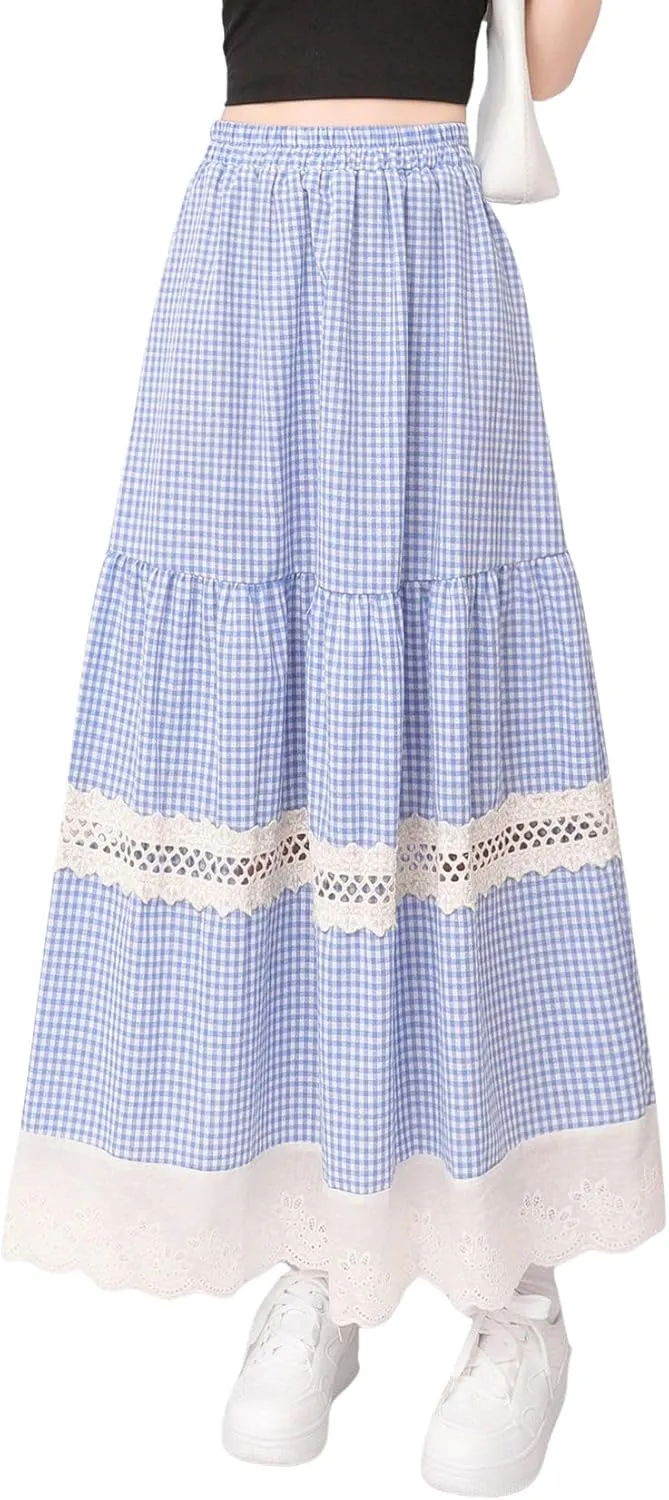 chouyatou Women's Hollow Out Eyelet Plaid Skirt Elastic Waist Ruffle Hem Gingham Swing Midi Long Skirt