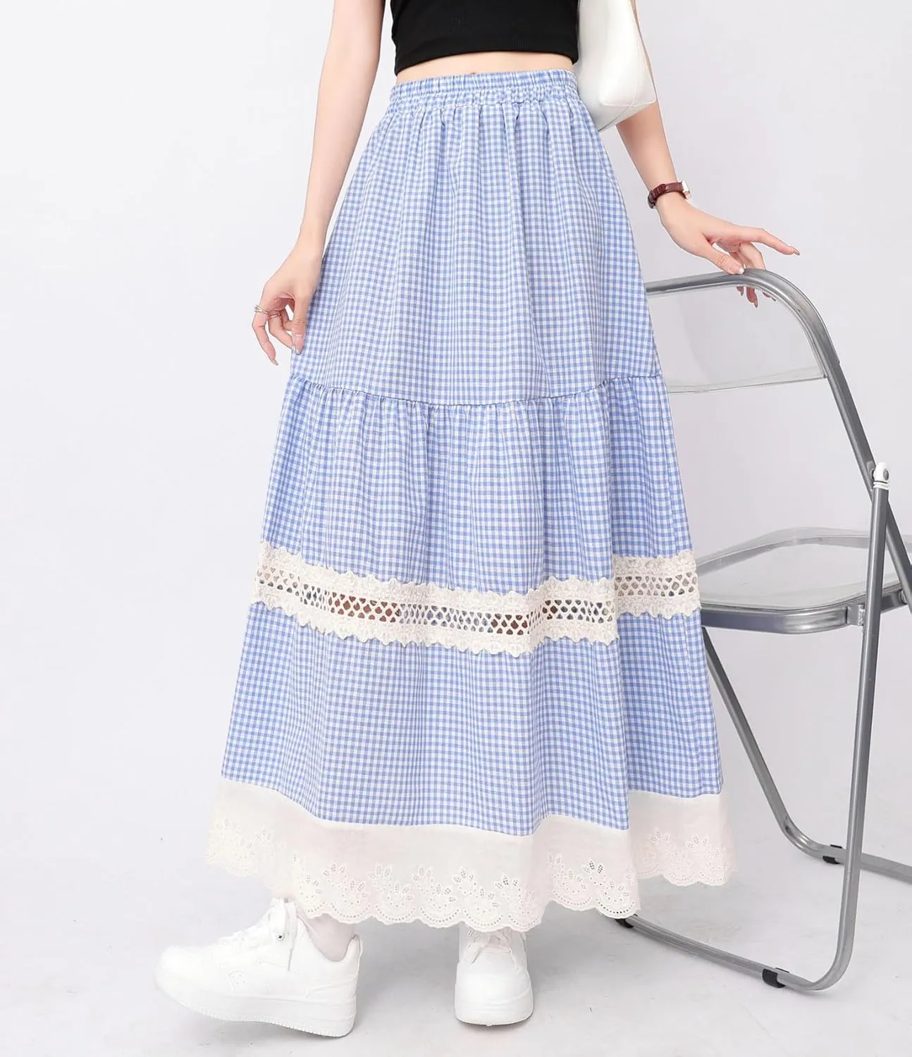 chouyatou Women's Hollow Out Eyelet Plaid Skirt Elastic Waist Ruffle Hem Gingham Swing Midi Long Skirt